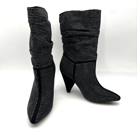 Vintage Y2K Report 'CASI' Black Faux Suede Rhinestone Block Heel Slouchy Boots 6 - Picture 1 of 15